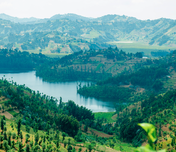 This is an image. On the image you can see a landscape in Rwanda and a lake.