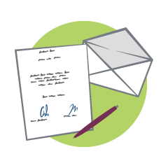 This is an illustration that shows an envelope, a signed letter and a pen.